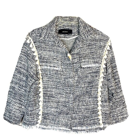 ZARA Oversize Tweed Blue and White Fringe Tassels Blazer Jacket - Picture 2 of 11